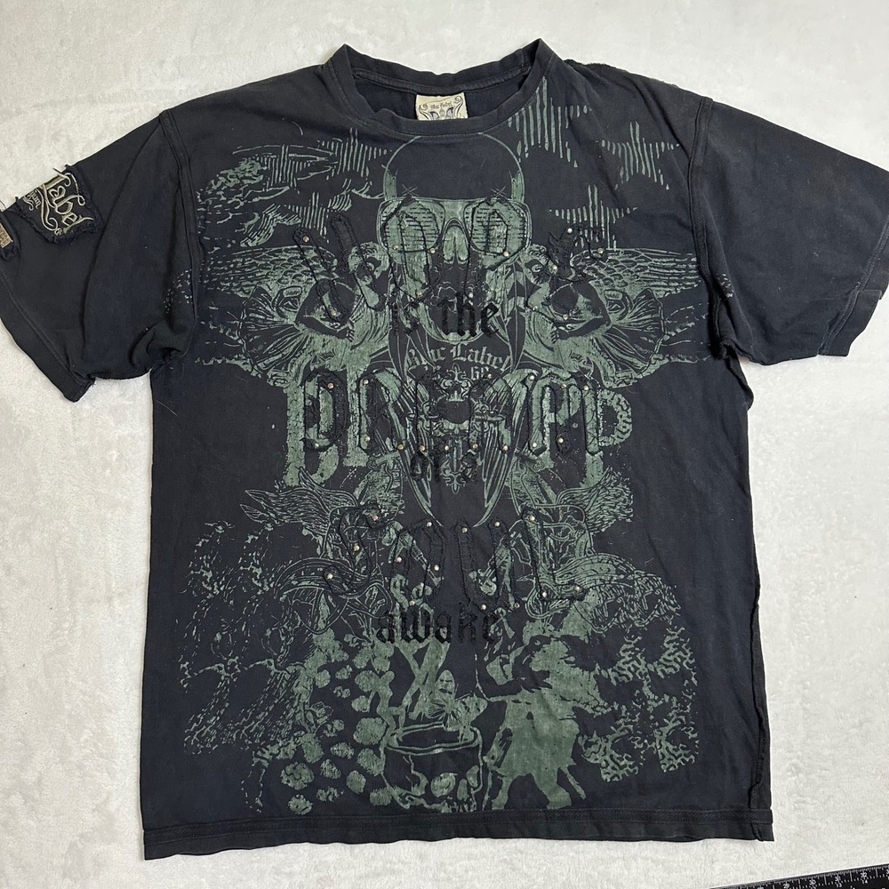 Blac Label Premium Affliction Mens L Shirt Skull Winged Crest Rhinestone Y2K AOP
